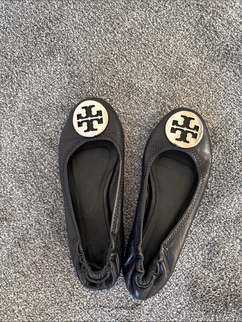 Tory Burch Black Leather Reva Ballet Flats with Gold Logo